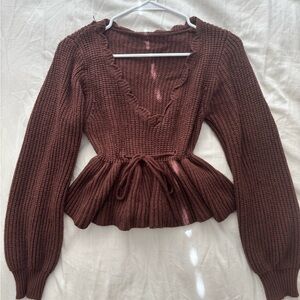 SHEIN Chocolate Brown Knit V-Neck Peplum Sweater with Tie Waist